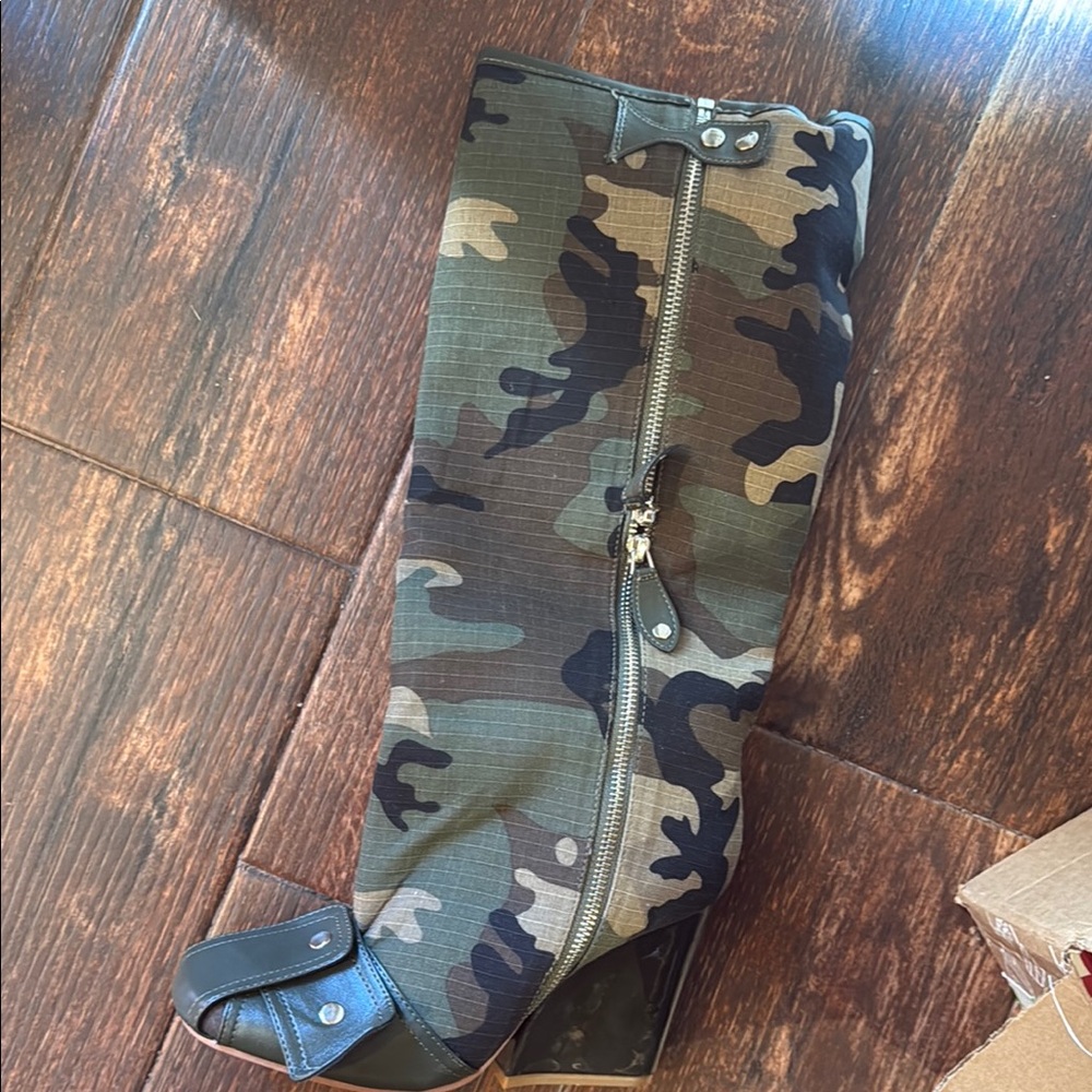 Green and Black Heeled Boots with Camouflage Design